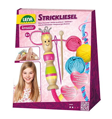 Lena 42375 - Kit de Punto para niños a Partir de 6 años, Incluye Liesel y Gancho de Madera, Aguja de Tejer e Hilo en 3 Colores de 15 m