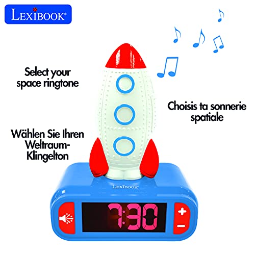 LEXIBOOK- Despertador Cohete con Pantalla LCD Digital y luz de Noche integrada, Color Azul