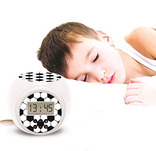 Lexibook- Reloj despertador fútbol con proyector, función de repetición y alarma, luz nocturna con temporizador, pantalla LCD, batería, blanco/negro, Color