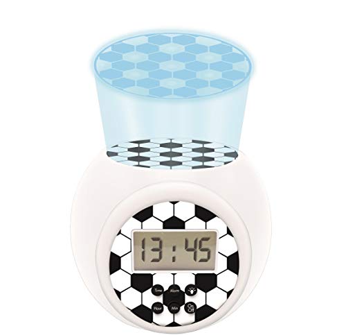 Lexibook- Reloj despertador fútbol con proyector, función de repetición y alarma, luz nocturna con temporizador, pantalla LCD, batería, blanco/negro, Color