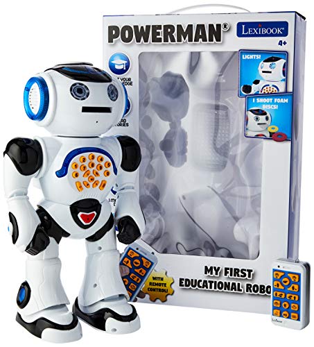 Lexibook ROB50EN Powerman - Robot de juguete con control remoto para caminar y hablar, danzas, canta, lee historias, cuestionario de matemáticas, discos de disparo y sonido de voz, blanco/negro