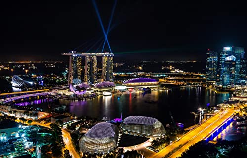 LHJOYSP puzles niños 500 Piezas Construcción de la Costa del mar de la Ciudad Carretera Puente de Singapur metrópolis Spotlight Marina Bay Sands 52x38cm