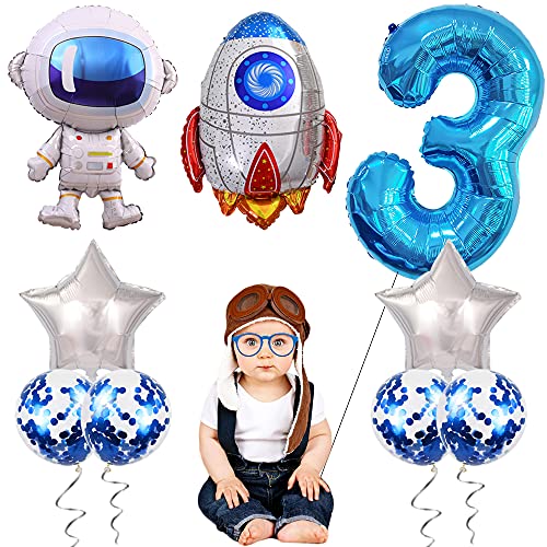 Liitata Juego de globos espaciales para 3 cumpleaños infantiles, diseño del número 3, color azul, gran astronauta, cohete, globo, estrella y confeti, globos para niños, cumpleaños o fiestas temáticas