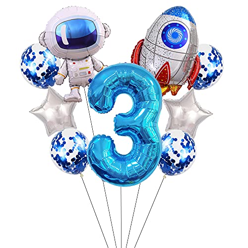 Liitata Juego de globos espaciales para 3 cumpleaños infantiles, diseño del número 3, color azul, gran astronauta, cohete, globo, estrella y confeti, globos para niños, cumpleaños o fiestas temáticas