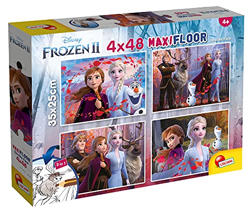 Lisciani Puzzle para niños, 4 puzles de 48 piezas 2 en 1, Doble Cara con reverso para colorear - Disney Frozen 2 La reina de las nieves 86603
