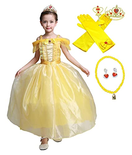 Lito Angels Disfraz de Bella y la Bestia Vestido de Princesas Belle con Accesorios para Niña Talla 5-6 Años, Amarillo