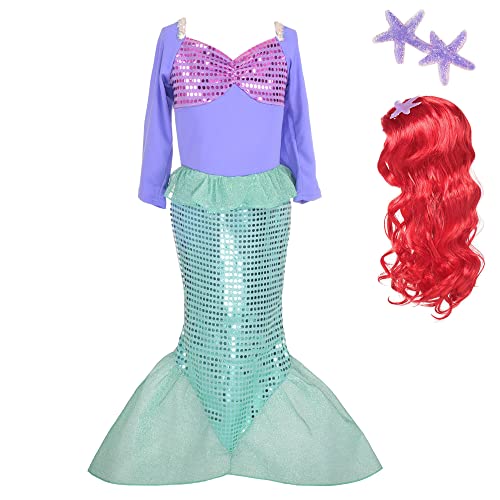 Lito Angels Disfraz Sirenita Princesa Ariel con Peluca de Pelo para Niñas, Vestido Sirena Talla 3-4 años, Morado