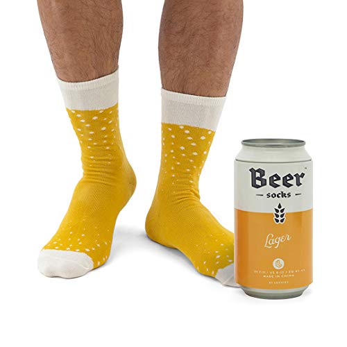 Luckies of London Calcetines divertidos para hombres, en lata de cerveza, Amarillo, 41-45 EU (7-11 UK)