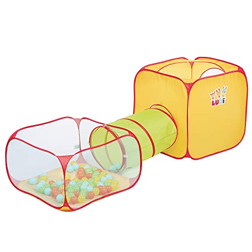 LUDI Parque Infantil Túnel + Piscina de Bolas + Cubo | Estructura de Juego emergente | para Uso Interior y Exterior | Fijaciones de Piso 30 Bolas Incluidas | A Partir de 2 años