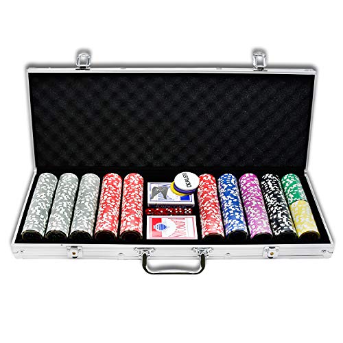 LZQ Maletín de póquer de 500 fichas Texas Hold'em con carcasa de aluminio plateada, con caja de carying y fichas de casino, 2 juegos de cartas Dealer Small Blind Big Blind Buttons y 5 dados
