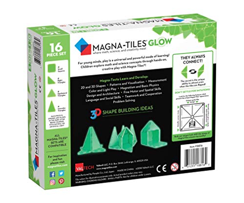 Magna-Tiles Glow In The Dark Set, The Original Magnetic Building Tiles For Creative Open-Ended Play, Educational Toys For Children Ages 3 Years + (16 Pieces + LED Light Included), 18816