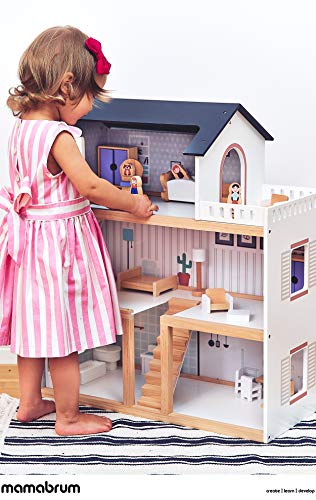 Mamabrum Casa de Muñecas de Madera 70x30x60cm para Niños con Terraza Grande 4 Figuras, 3 Pisos, 2 Dormitorios, Cocina, Sala de Estar y 19 Habitaciones Móviles, Juguete para Niños de 3 Años