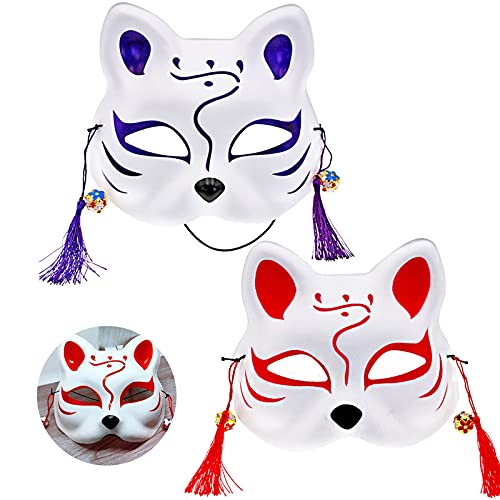 Máscaras de Gato Máscara de Media Cara Máscara de Cosplay Máscara de Zorro Japonesa Máscara de Zorro Japonesa Estilo Anime Zorro con Borla Flor para Fiestas, Disfraces, Halloween, 2 Unidades