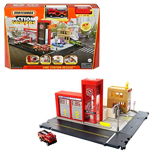 Matchbox Estación de bomberos Set de juego con sonidos para coches de juguete, modelos surtidos (Mattel HBD76)