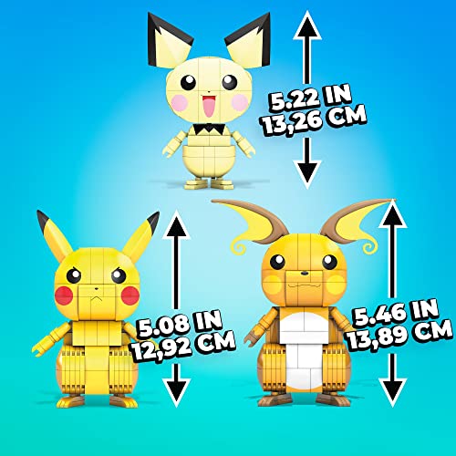 Mega Construx Pack 3 Pokémon Rayo (Pichu, Pikachu y Raichu) Figuras de bloques de construcción, juguete para niños +6 años (Mattel GYH06)