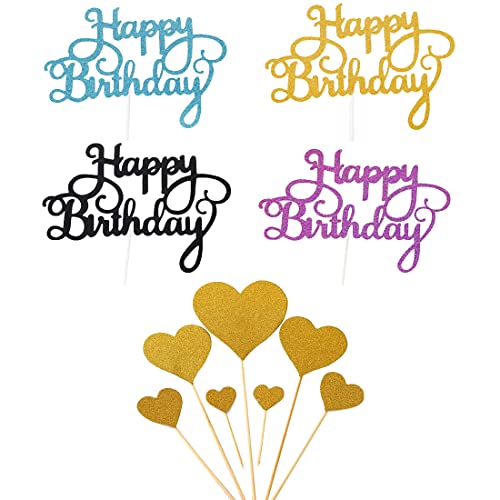 MenYiYDS Paquete de 12 adornos para tartas, decoración de cumpleaños, decoración para tartas decoración para cupcakes para cumpleaños bautizo, fiesta, decoración con purpurina (dorado)