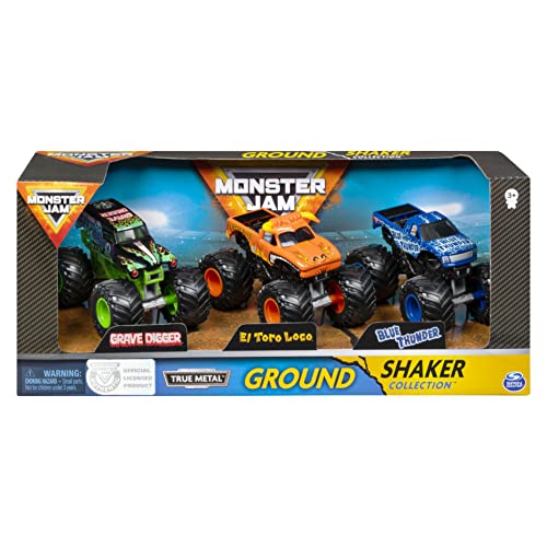 Monster Jam Ground Shaker - Pack de 3 Coches de Juguete (Grave Digger, El Toro Loco y Blue Thunder) a Escala 1:64 (Moldeado por inyección) (6053858)