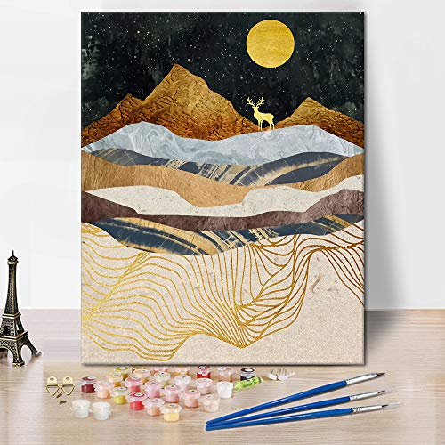Montaña abstracta para pintar por números, luna y ciervo, kit de pintura a mano, para decoración del hogar, lienzo de regalo, para adultos principiantes y niños, 40 x 50 cm (sin marco)