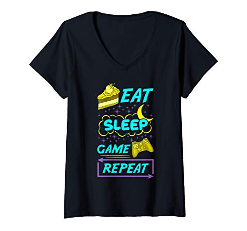 Mujer Gamer Eat Sleep Game Repeat Anime Kawaii Gaming Camiseta Cuello V