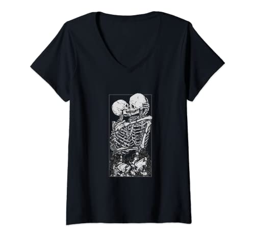 Mujer Tarot Tarjeta Besos Esqueleto Amor Calavera Huesos Horror Goth Camiseta Cuello V
