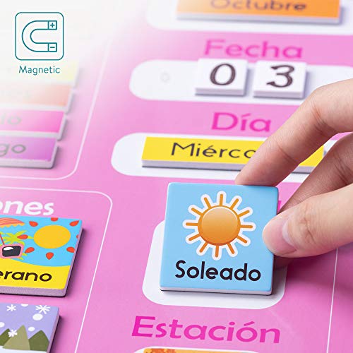 Navaris Calendario de Aprendizaje para niños - Tablero Educativo Montessori en español - Pizarra para Aprender días Meses Estaciones con 41 imanes