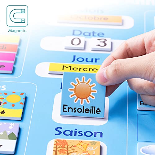 Navaris Calendario de Aprendizaje para niños - Tablero Educativo Montessori en francés - Pizarra para Aprender días de la Semana Clima y 41 imanes