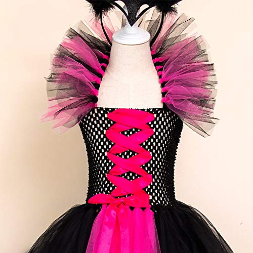 OBEEII Disfraz maléfico para niña de Halloween Carnaval Tutu vestido de diadema + alas Sleeping Beauty Halloween Navidad disfraz infantil, Hot Pink+ala, 6-7 Años