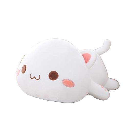 OUKEYI Lindo gatito de peluche de juguete de peluche animal doméstico gatito suave anime gato almohada de felpa, muñeca de gato de peluche suave gatito almohada juguete para niños (blanco)
