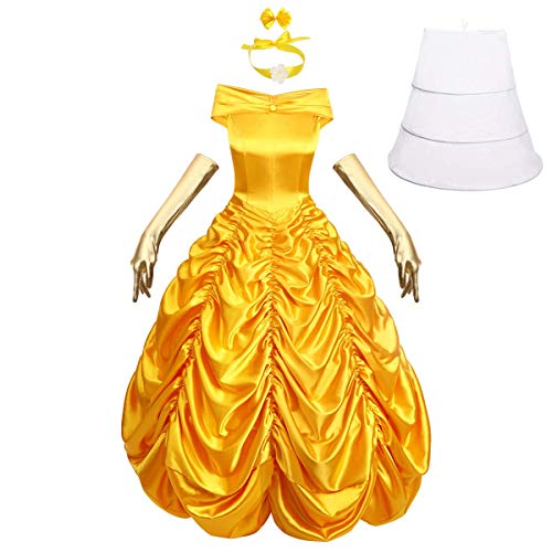OwlFay Disfraz de Princesa Bella para Mujer Beauty and Beast Vestidos de Carnaval Halloween Cosplay Fiesta Costume Amarillo+Accesorios M