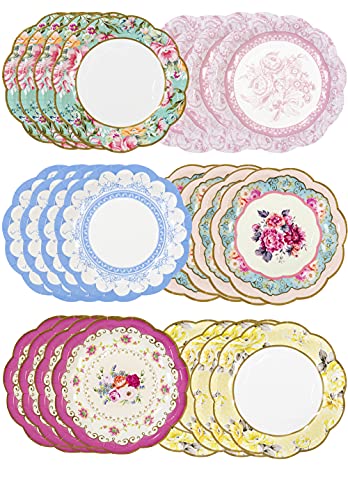 Paquete de 24 platos de papel floral vintage con borde festoneado | Vajilla desechable verdaderamente exquisita para cumpleaños o fiesta en el jardín, té de la tarde, baby shower o bodas, 17,5 cm
