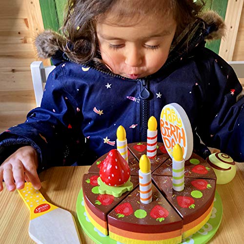 Pastel de cumpleaños de madera con accesorios - un servidor de pastel, plato, velas, decoraciones de frutas - Diseño de arco iris - Comida de madera para juguetes para niños