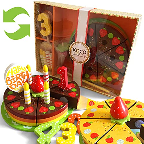 Pastel de cumpleaños de madera con accesorios - un servidor de pastel, plato, velas, decoraciones de frutas - Diseño de arco iris - Comida de madera para juguetes para niños