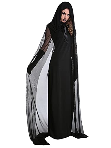 PDYLZWZY Vestido de bruja para mujer, disfraz de vampiro, con capucha, capa y vestido largo para Halloween, Negro , XL(Talla: 72 cm, H¨¹ften: 94 cm)