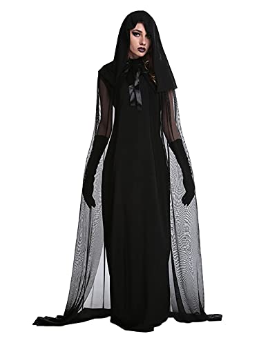 PDYLZWZY Vestido de bruja para mujer, disfraz de vampiro, con capucha, capa y vestido largo para Halloween, Negro , XL(Talla: 72 cm, H¨¹ften: 94 cm)
