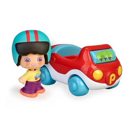 Pinypon - My First, Happy Vehículos Coche, Cochecito rojo de juguete con ruedas, un cilindro con dibujos para jugar y espacio para una figura de conductor con casco Pinpon incluido FAMOSA(700016288)