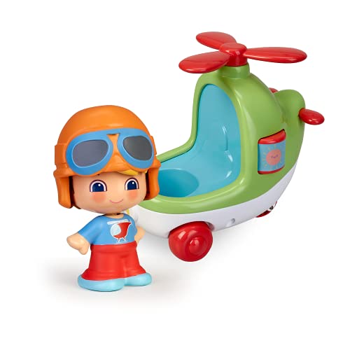 Pinypon - My First, Happy Vehículos Helicóptero, Mi primer helicóptero de juguete con un cilindro de dibujos, hélices y ruedas, Incluye la figura de aviador con caras diferentes, FAMOSA (700016383)