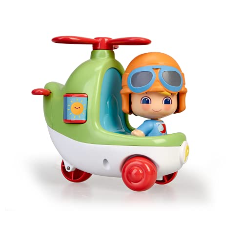 Pinypon - My First, Happy Vehículos Helicóptero, Mi primer helicóptero de juguete con un cilindro de dibujos, hélices y ruedas, Incluye la figura de aviador con caras diferentes, FAMOSA (700016383)
