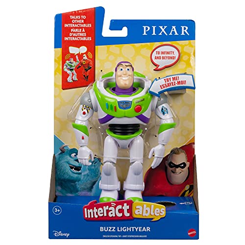Pixar Interactables Buzz Lightyear parlanchín, habla con otros muñecos, figura de juguete con sonidos (Mattel HBK96)