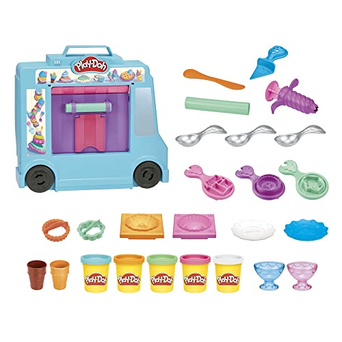 Play-Doh Juego de Camiones de Helado, Juguete de Juego para niños de 3 años en adelante con 20 Herramientas, 5 Colores compuestos de Modelado, más de 250 Combinaciones posibles