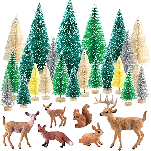 PLULON 30 Piezas Mini árboles Navidad, Juego Figuras Animales del Bosque, Cepillo Botella, árboles, sisal, Nieve, Escarcha, árboles, Diorama, y Figuras Animales del Bosque, Adornos para Tartas
