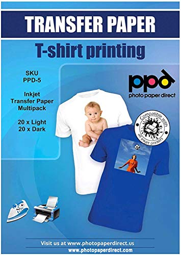 PPD Inkjet - A4 x 40 Hojas de Papel de Transferencia Térmica Premium para Camisetas y Tejidos Mixtos - 20 hh. Telas Claras y 20 hh. Telas Oscuras - Para Impresión de Inyección de Tinta - PPD-5-40