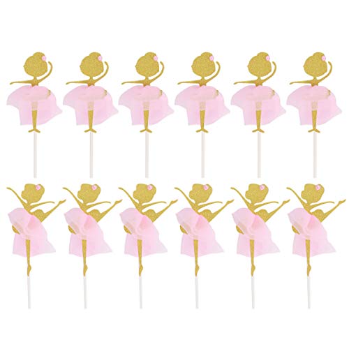 PRETYZOOM 12Pcs Decoraciones de Bailarina Fiesta Cupcake Toppers de Cumpleaños Fresa Topper Ballet Tutu Cake- Oro Brillo Bailarina Bailarina Cupcake Toppers Selecciones