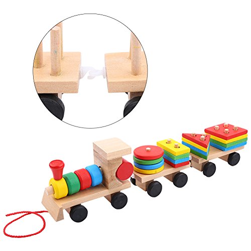 Pssopp Juguetes de Tren de Bloques de construcción Juego de Trenes de apilamiento de Madera Mini Tren de Arrastre Juguete Educativo para niños pequeños