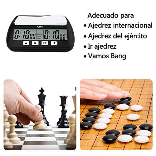 PULIVIA Reloj de Ajedrez Digital Chess para Juegos de Mesa, Reloj de Ajedrez Profesional con Reloj Despertador, Reloj de Ajedrez Portátil Multifunción 3 en 1, Incluye 2 Pilas AA (Negro)