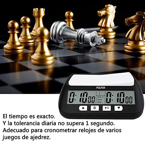 PULIVIA Reloj de Ajedrez Digital Chess para Juegos de Mesa, Reloj de Ajedrez Profesional con Reloj Despertador, Reloj de Ajedrez Portátil Multifunción 3 en 1, Incluye 2 Pilas AA (Negro)