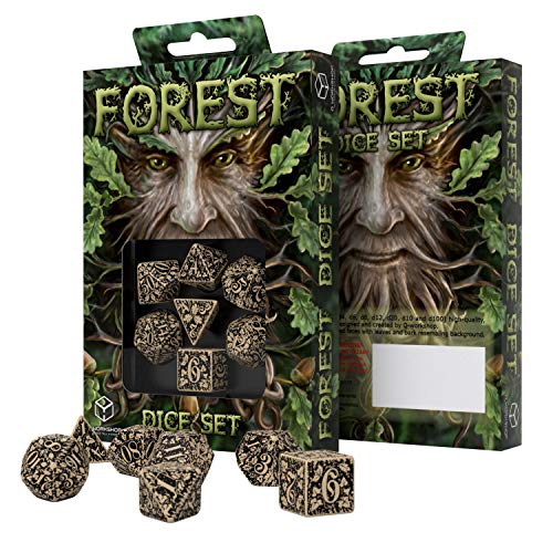 Q Workshop Forest Engraved Beige & Black RPG Ornamented Dice Set 7 polyhedral Pieces
