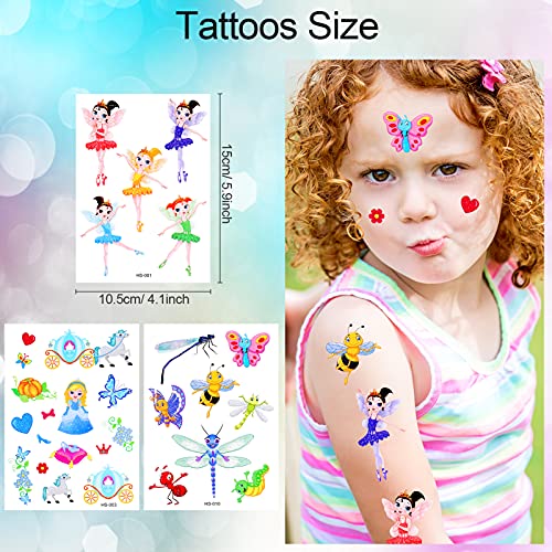 Qpout 300pcs Tatuajes Temporales con purpurina para niños,dibujos animados flash animal princesa flor hada tribal tótem tatuajes falsos pegatinas para niños niñas bolsa de regalo decoración recompensa