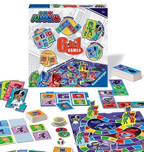 Ravensburger PJ Masks - Compendio de Juegos 6 en 1 para niños y familias de 3 años en adelante, Bingo, dominó, Serpientes y escaleras, Damas, Cartas de Juego y Juego de Memoria