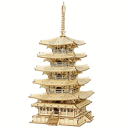 ROBOTIME Kits de modelos de madera para construir adultos DIY Pagoda de cinco pisos Construcción de edificios mecancicos Creativos Jigsaw Craft Kits de regalo para adolescentes
