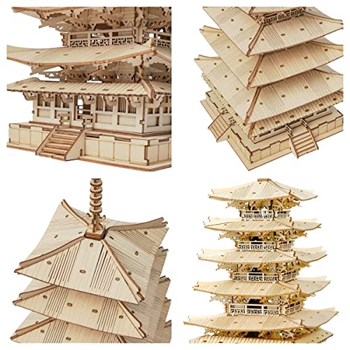 ROBOTIME Kits de modelos de madera para construir adultos DIY Pagoda de cinco pisos Construcción de edificios mecancicos Creativos Jigsaw Craft Kits de regalo para adolescentes